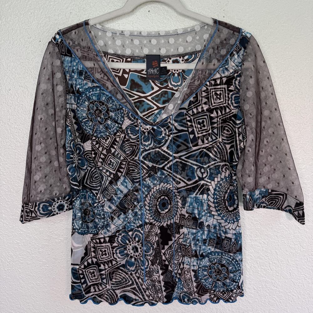 ANAC by Kimi Y2K Top Womens XL Sheer Mesh Geometric Floral Blouse Boho Art 2000s - Picture 6 of 10